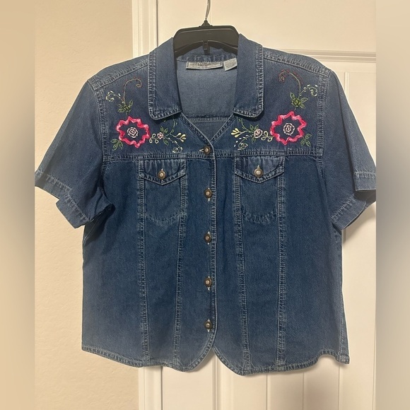 Tops - Vintage Rhythm Blue Denim Embroidered Floral Western Shirt Woman’s Size Large
